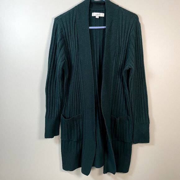 LOFT Womens M Hunter Green Open Front Stretchy Duster Cardigan Ribbed Preppy - Picture 1 of 7